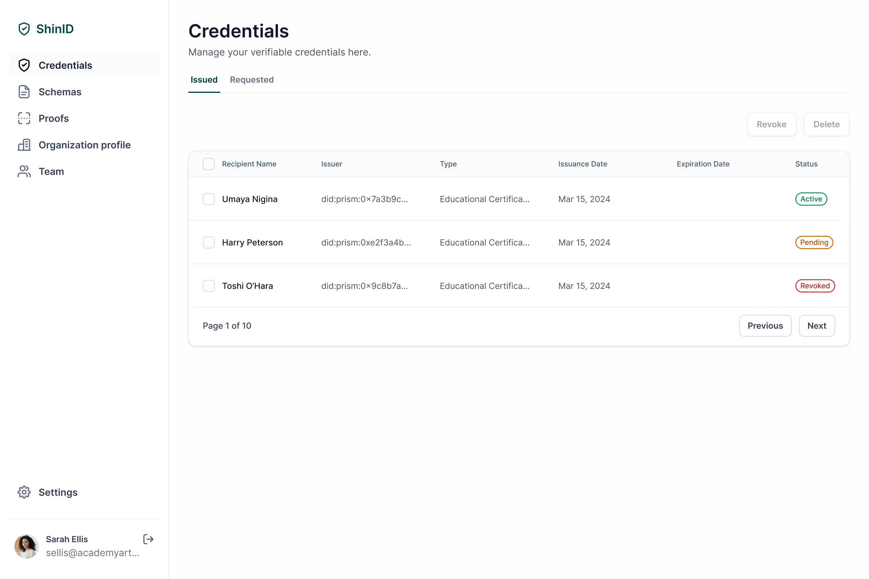 Verify credentials dashboard